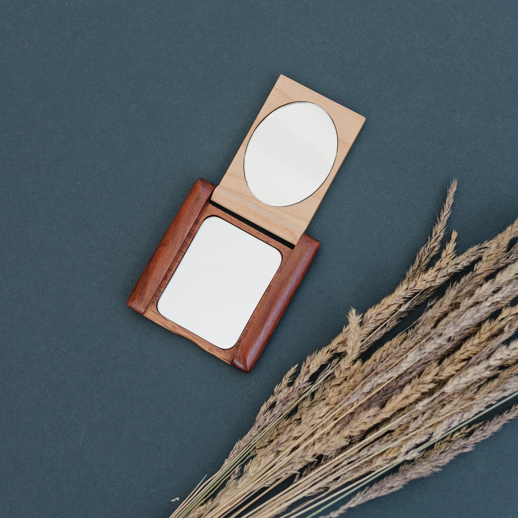Wood pocket mirror compact with round top mirror and rectangular mirror, hinged open