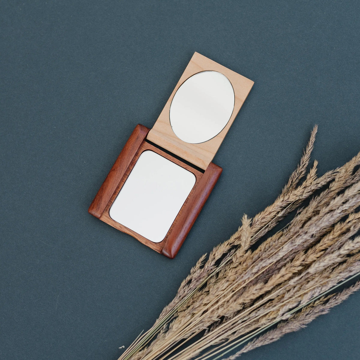 Wood pocket mirror compact with round top mirror and rectangular mirror, hinged open