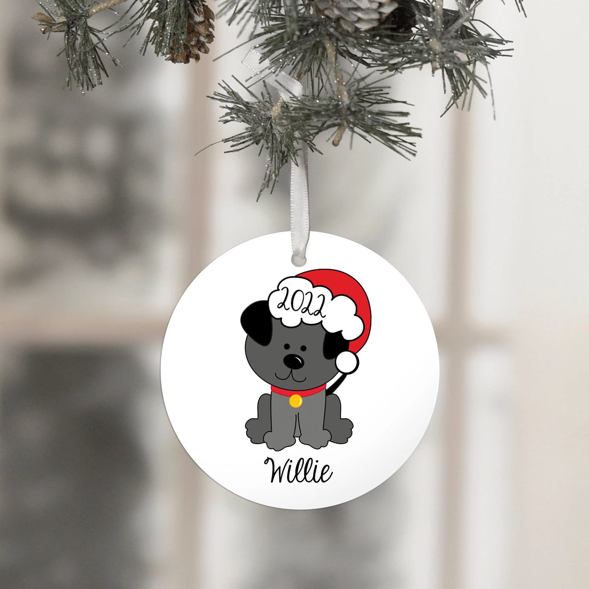 Personalized dog Christmas ornament, black dog with red hat, year 2022, name Willie