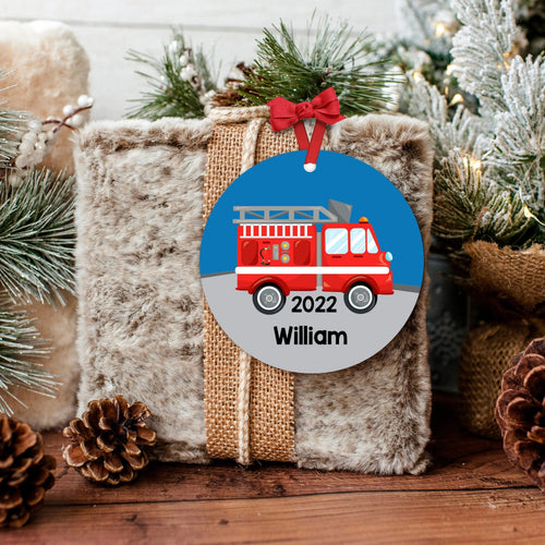 Personalized fire truck Christmas ornament with red truck, 2022, and name William