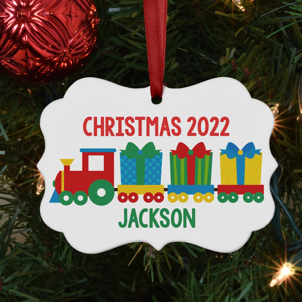 Personalized Christmas train ornament, white cloud shape with 'CHRISTMAS 2022' and name JACKSON