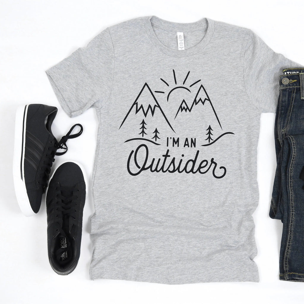 Heather gray unisex T-shirt with mountain graphic and "I'm an Outsider" print