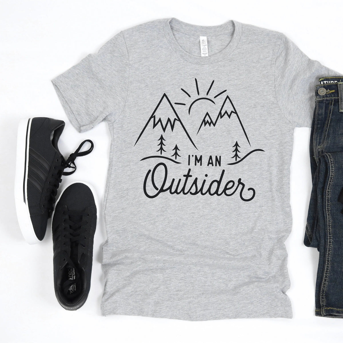 Heather gray unisex T-shirt with mountain graphic and "I'm an Outsider" print