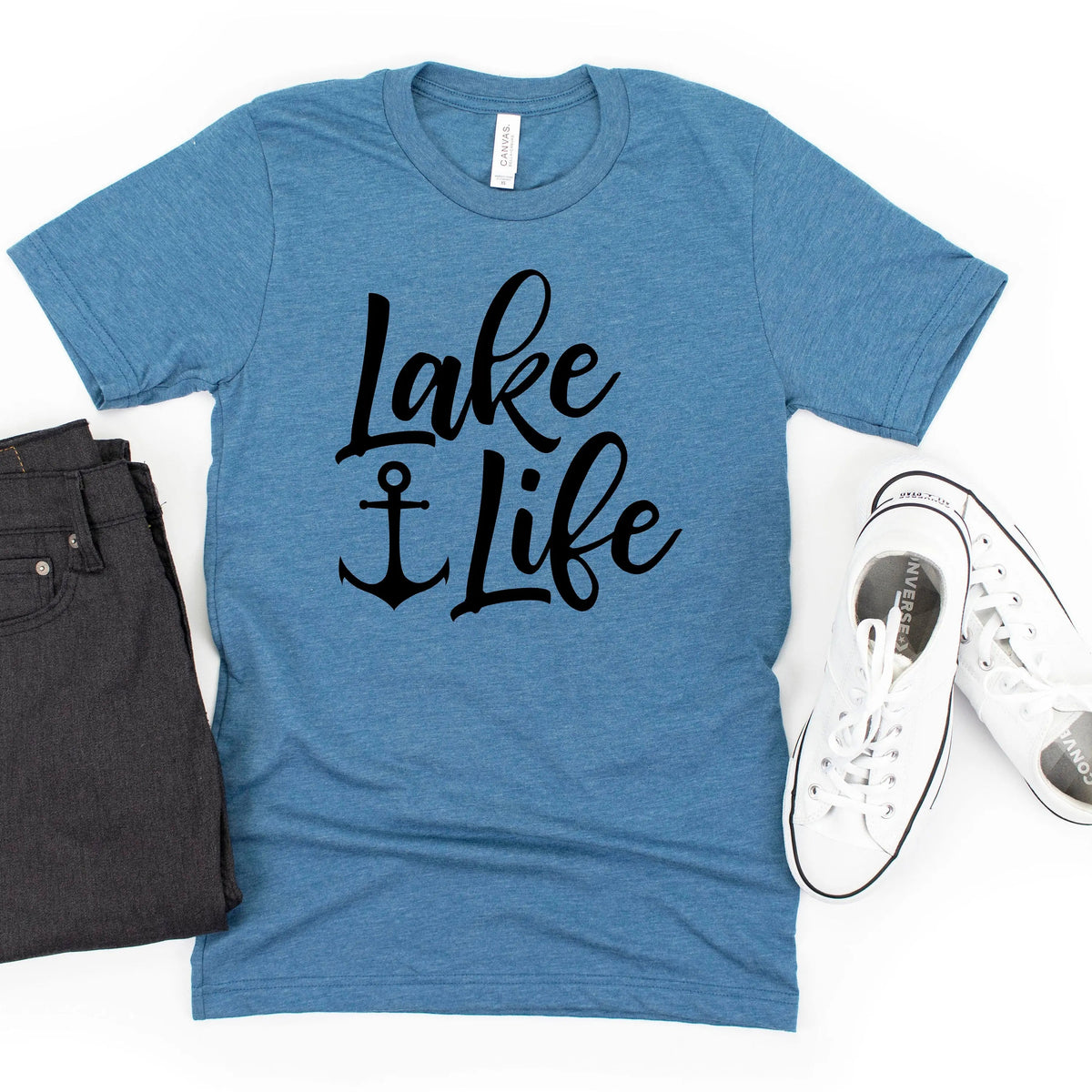 Blue unisex T-shirt with centered 'Lake Life' anchor graphic, crew neck