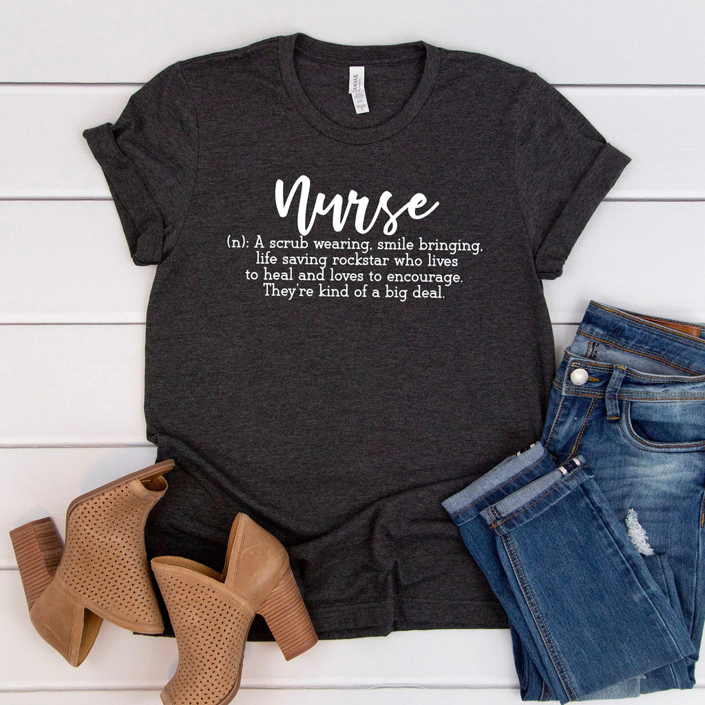 Dark charcoal womens nurse T-shirt with Nurse graphic and inspirational quote