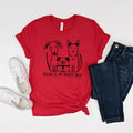 Red unisex T-shirt with dog rescue graphic and text: “Rescued is my favorite breed”.