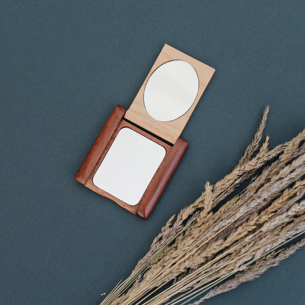 Personalized hand mirror compact with two folding mirrors and wooden frame