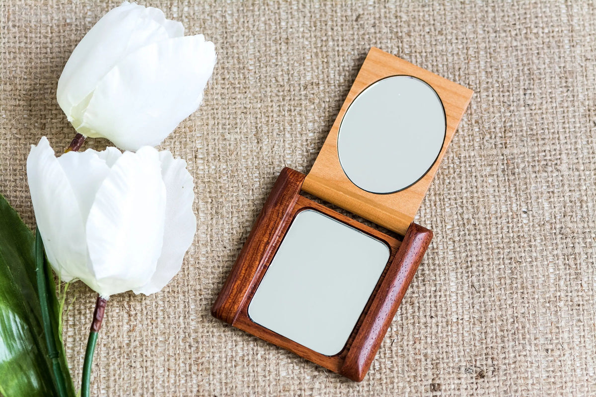 Wooden compact mirror with round top and rectangular mirror inside wooden frame