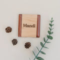 Personalized wooden compact mirror with 'Mandi' on the lid