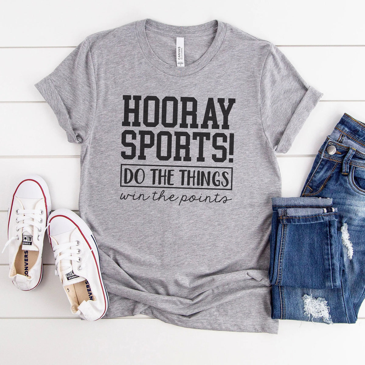 Gray unisex sports mom T-shirt with "HOORAY SPORTS!" front graphic