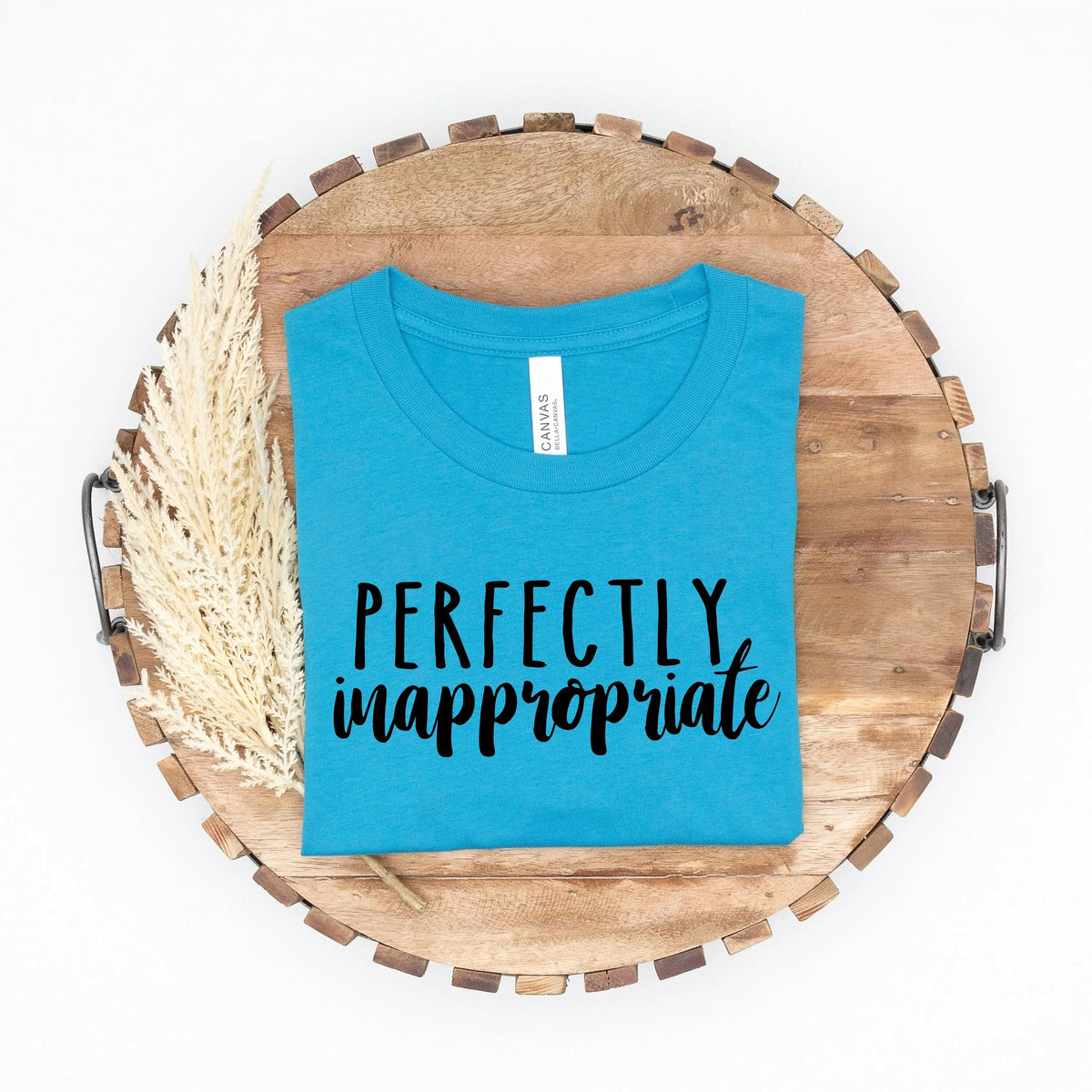 Teal-blue unisex T-shirt with "PERFECTLY inappropriate" text graphic on front