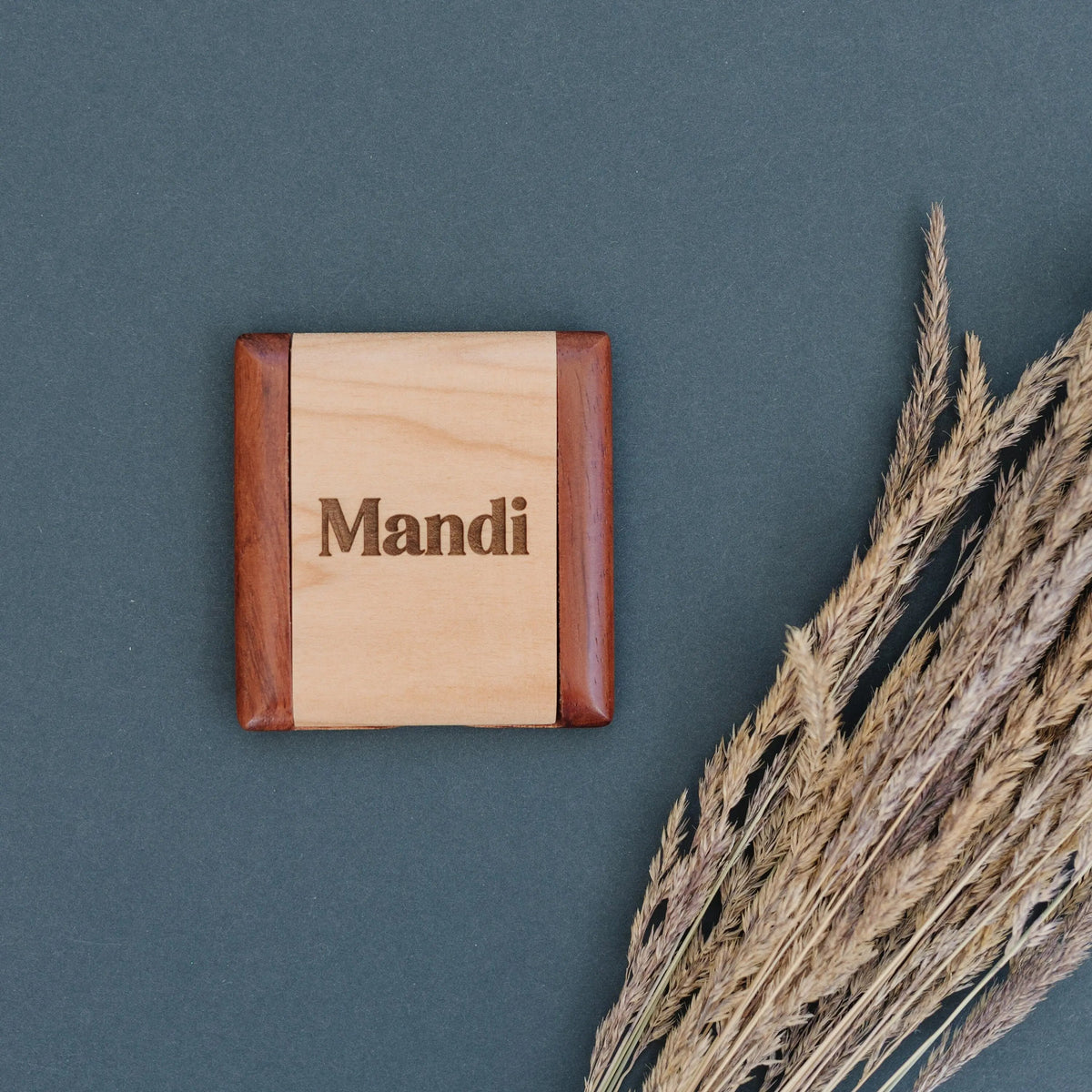 Personalized wooden compact mirror with 'Mandi' on the lid