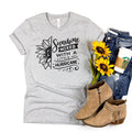Light gray unisex T-shirt with black sunflower “Sunshine” hurricane graphic
