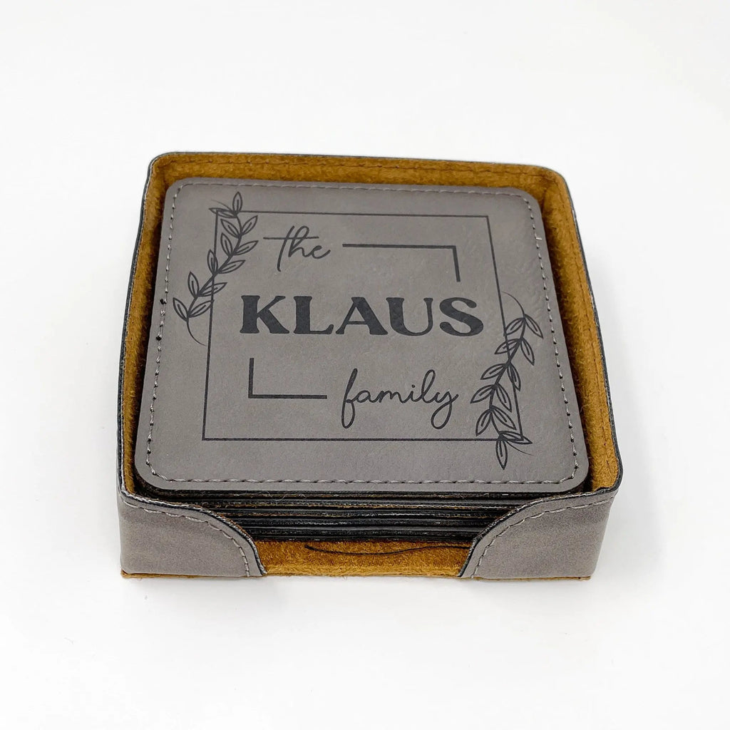 Personalized coaster set in holder, gray coaster with "the KLAUS family" print
