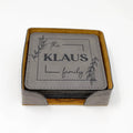 Personalized coaster set in holder, gray coaster with "the KLAUS family" print