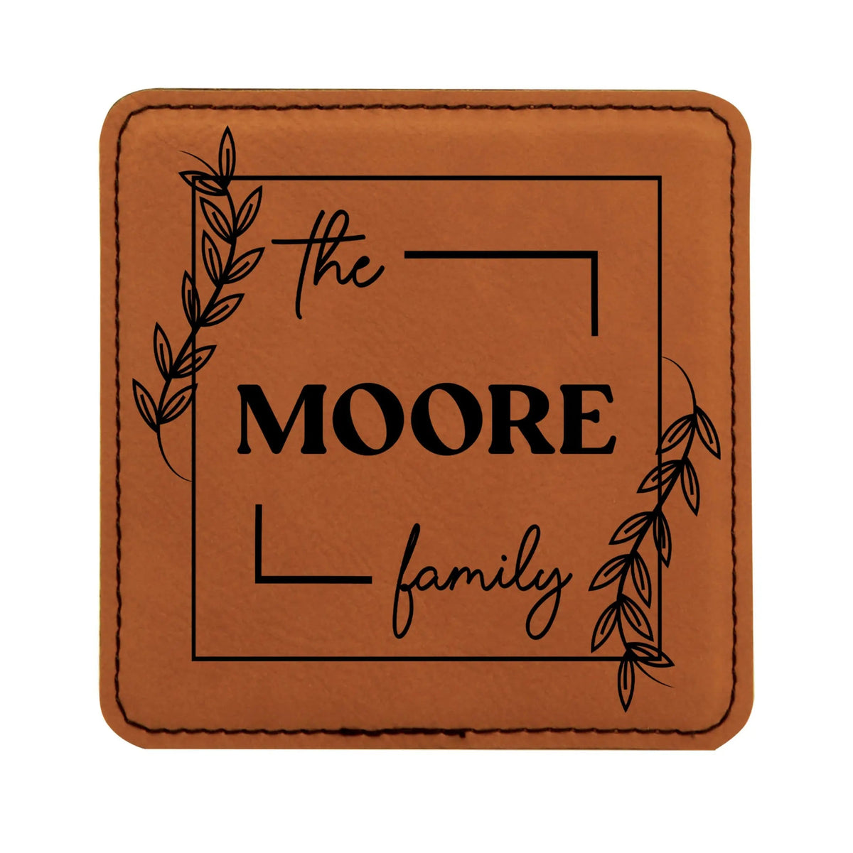 Orange square coaster with "the MOORE family" leaf frame design