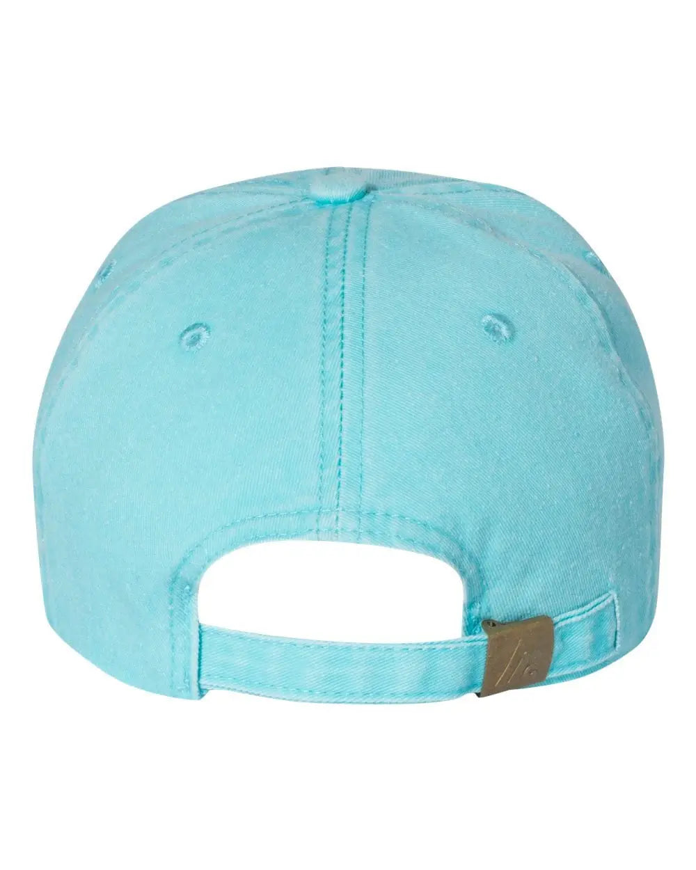 Aqua baseball cap with adjustable back strap and brown leather patch tab