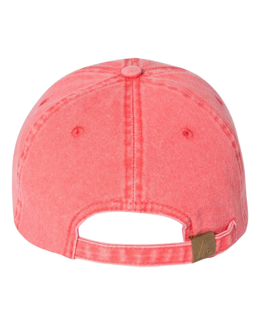 Coral baseball cap with adjustable back strap and brown leather patch tab