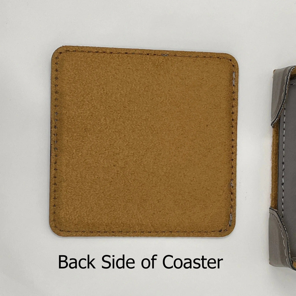 Back side of a tan leather-look coaster with stitched edges (set shown partially)