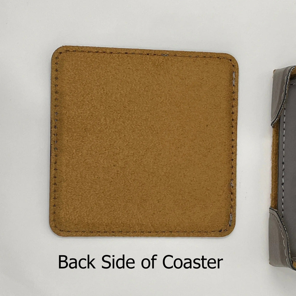 Square coaster back side, tan suede-like finish with stitched border