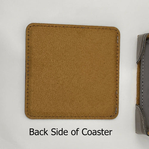 Square coaster back side, tan suede-like finish with stitched border
