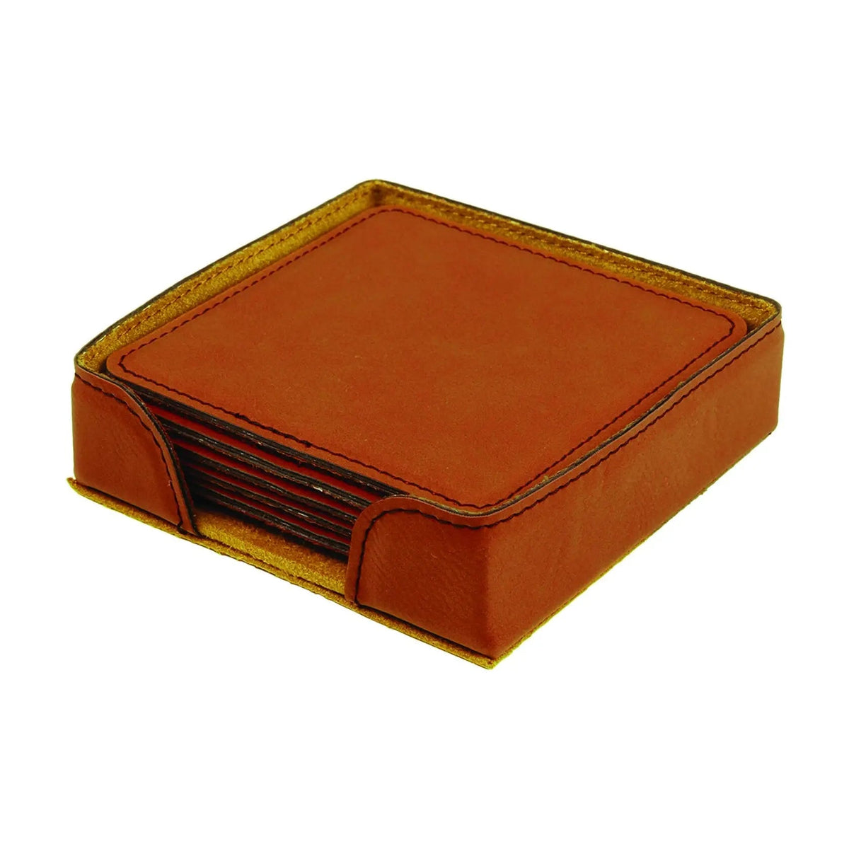 Stack of square leather coasters, terracotta color with stitched edges