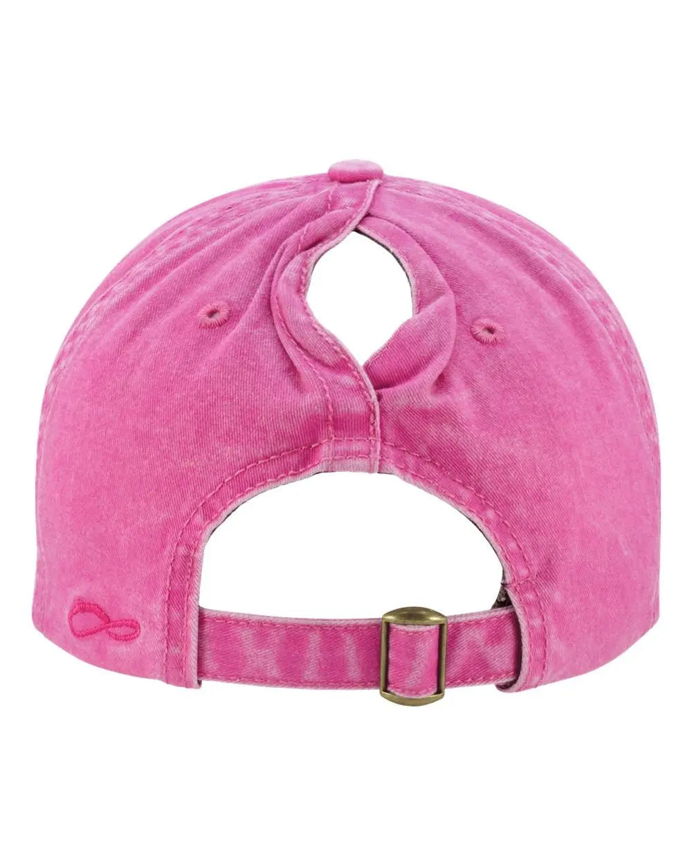 Pink velvet baseball cap with ponytail opening and adjustable leather buckle strap