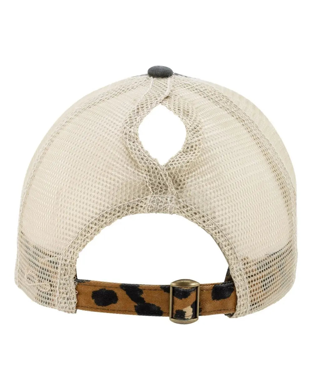 Cream mesh trucker cap with open ponytail back and leopard-pattern strap