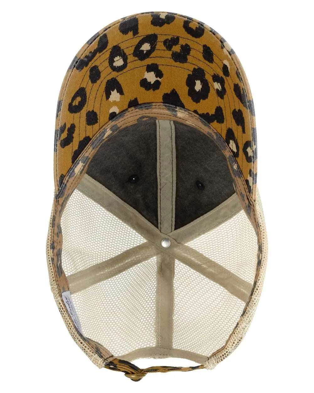 Leopard-print mesh trucker cap with open ponytail back and tan brim underside