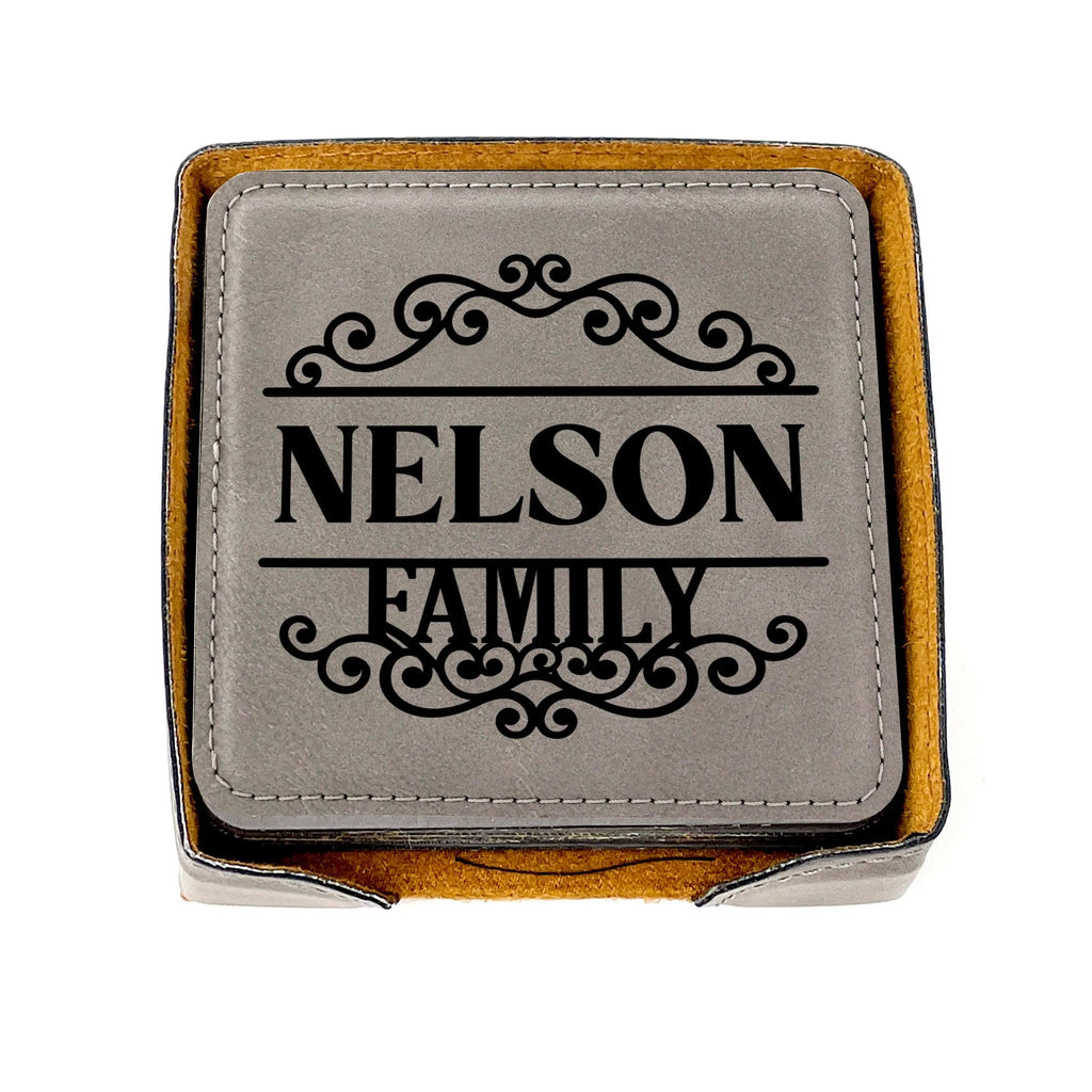 Square leather-look coaster with “NELSON FAMILY” decorative text and stitched border