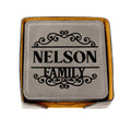 Square leather-look coaster with “NELSON FAMILY” decorative text and stitched border