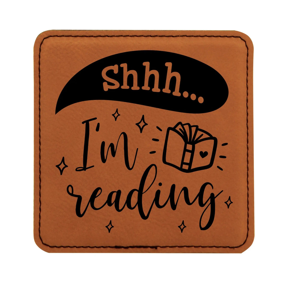 Set of 6 square coasters, tan with black speech bubble reading “Shh… I’m reading”