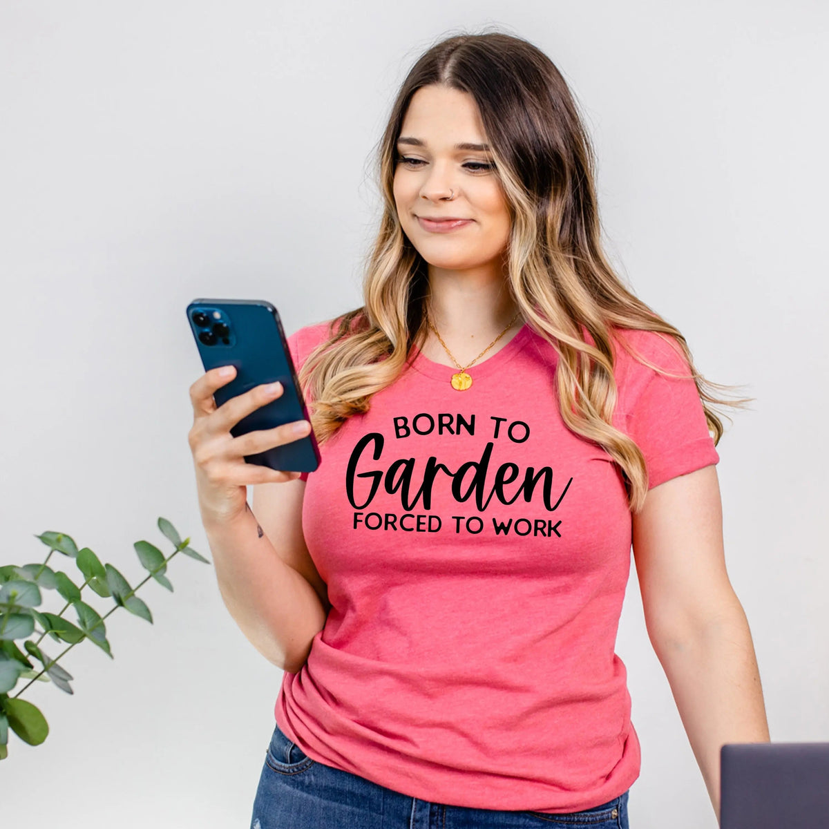 Pink unisex garden t-shirt with 'Born to Garden, forced to work' text graphic