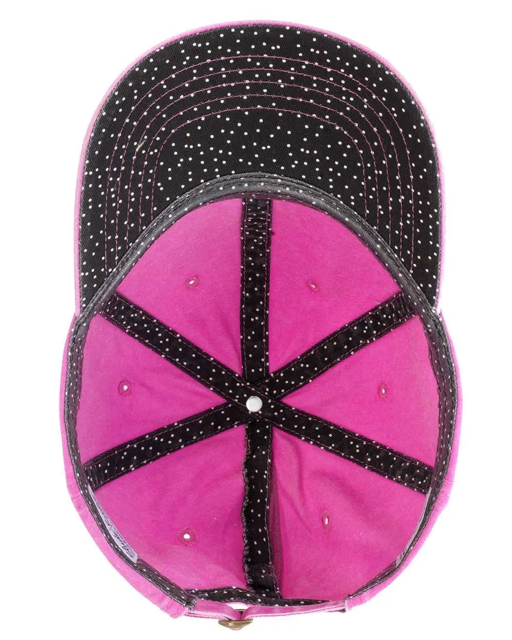 Pink baseball cap with black button panel and ponytail opening cutout