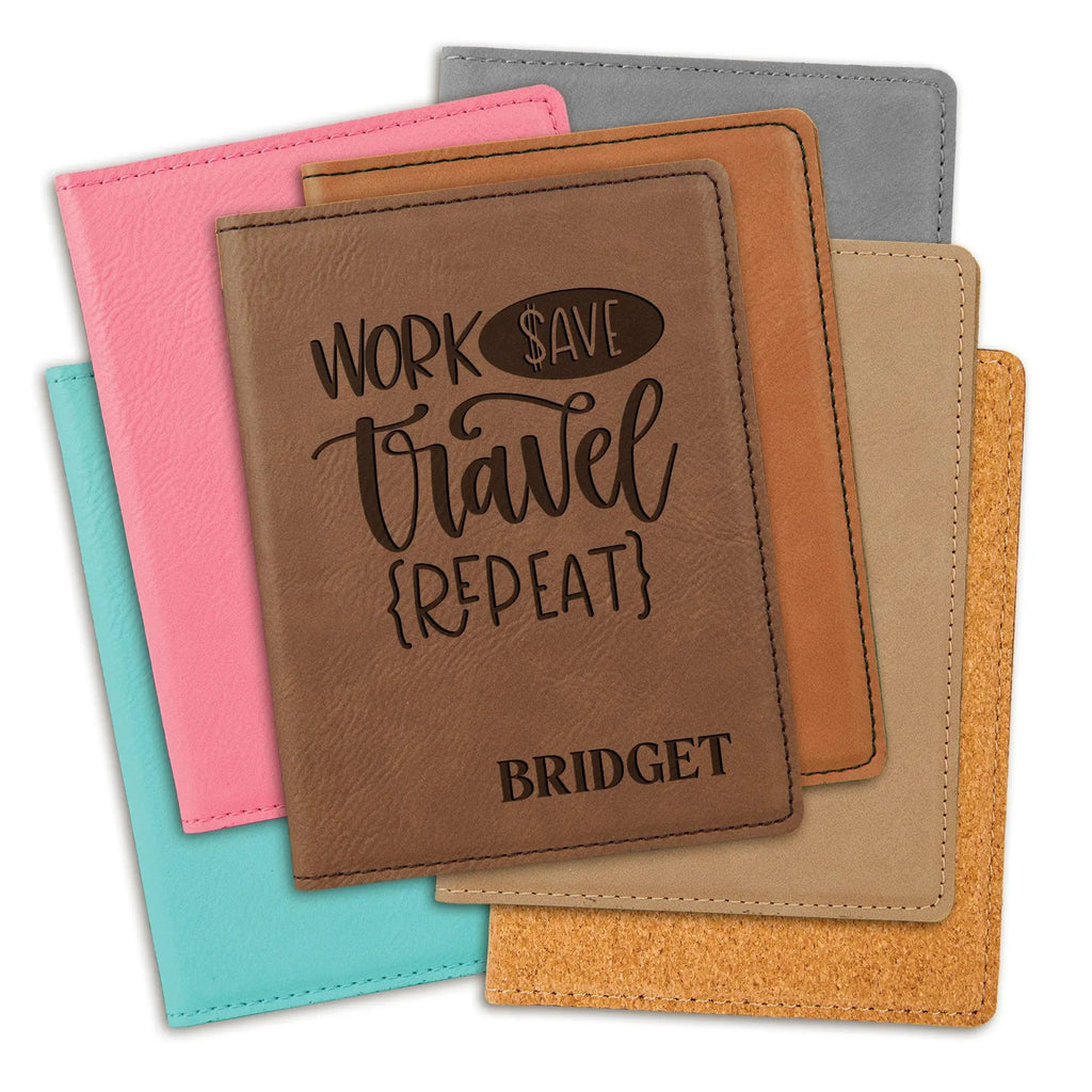 Personalized engraved passport holder with brown leather and 'Bridget' travel quote