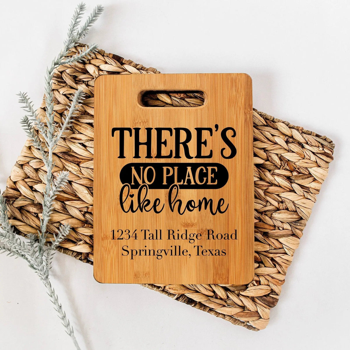 Wooden personalized cutting board with carry handle and engraved greeting