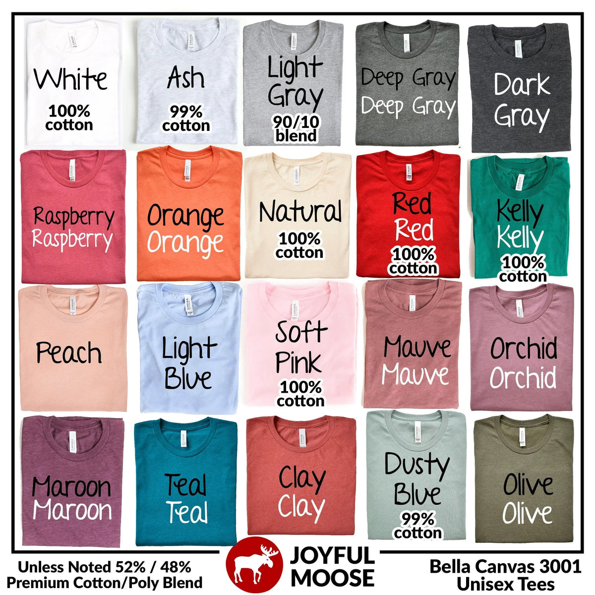Unisex t-shirt color options display showing multiple tee colors