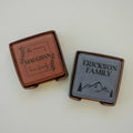 Personalized leather-look coaster set with family names and nature designs (2 visible)