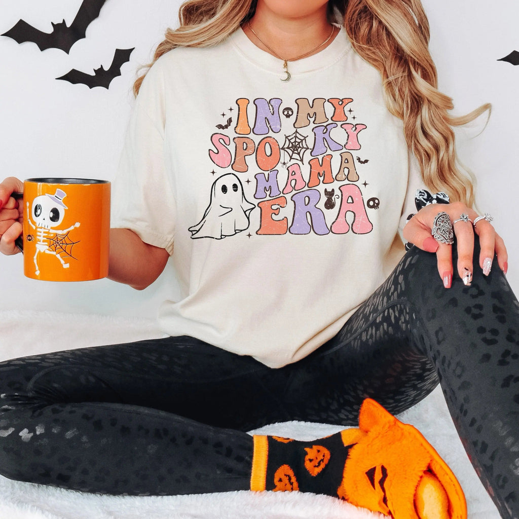 Ivory Halloween mom T-shirt with ghost and spooky text graphic, short sleeves