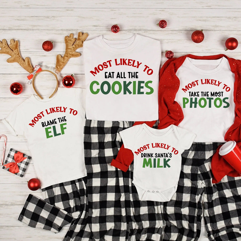 White Christmas T-shirt with green and red “Most likely to eat all the cookies” text