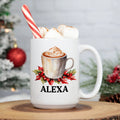 Personalized white hot chocolate mug with holly and latte art, name Alexa on front