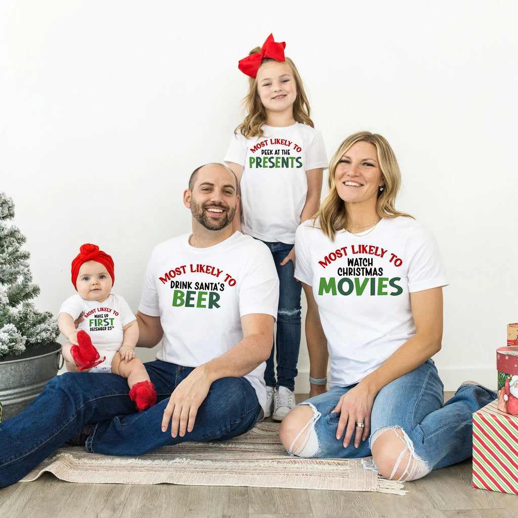 White “Most likely to” Christmas graphic T-shirt set for family, with different slogans