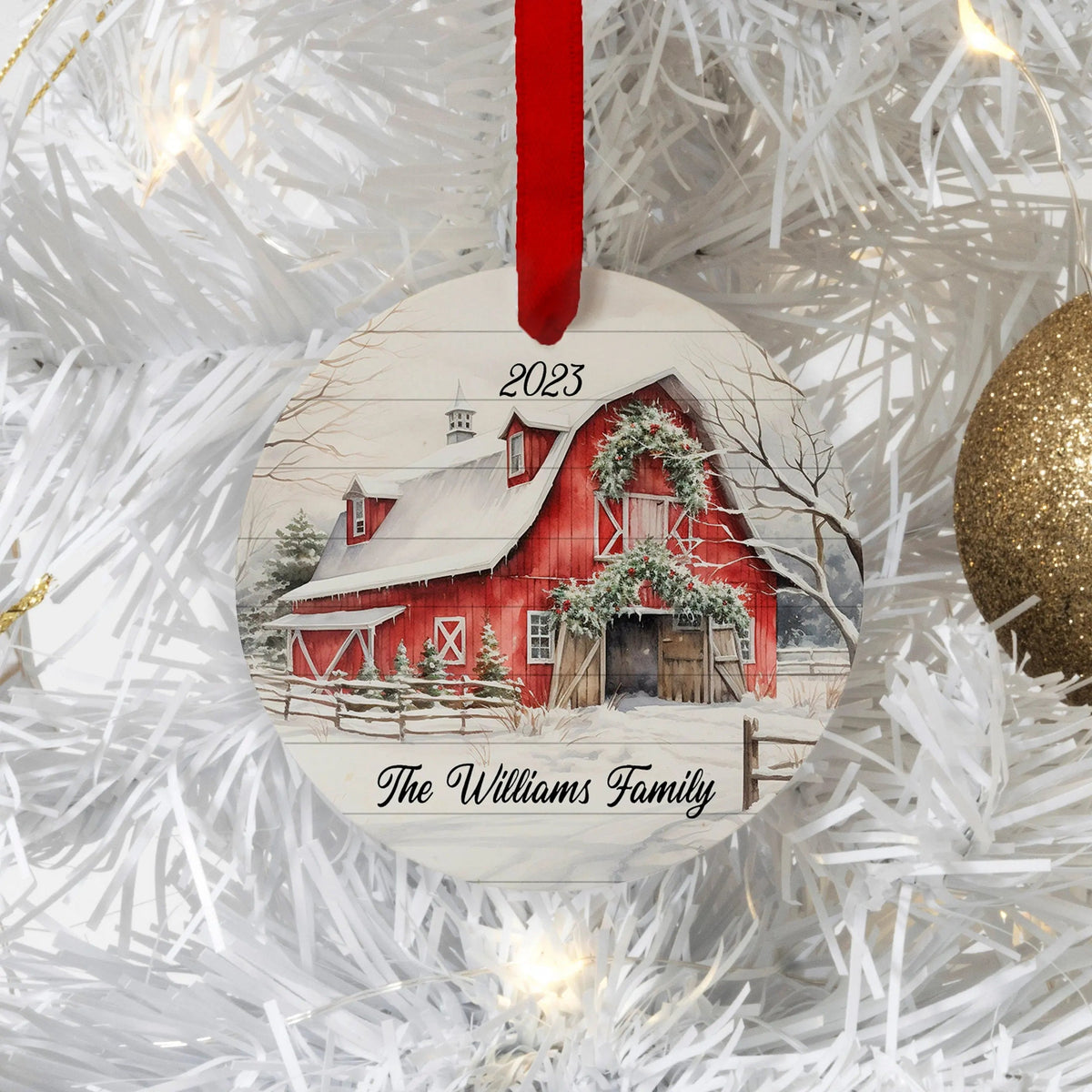 Personalized red barn Christmas ornament with tree, house scene, year 2023, and family name