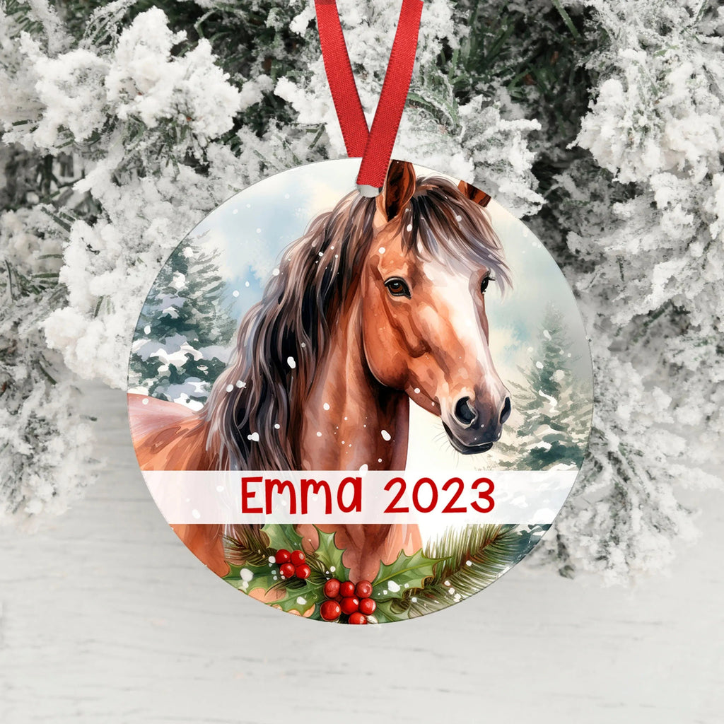 Personalized horse ornament, round print with Emma 2023 and red hanging ribbon