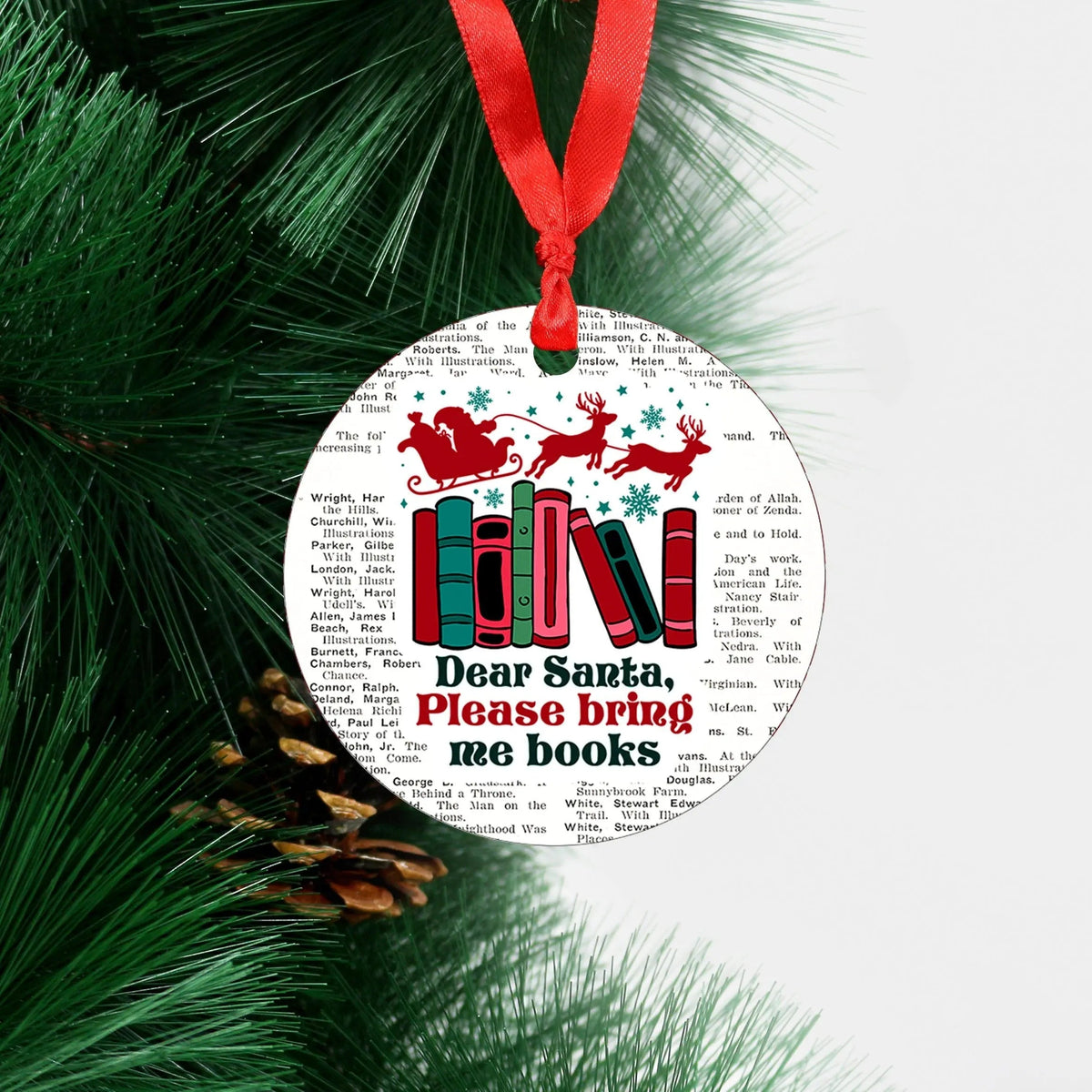 Book ornament with 'Dear Santa' books design and hanging red ribbon