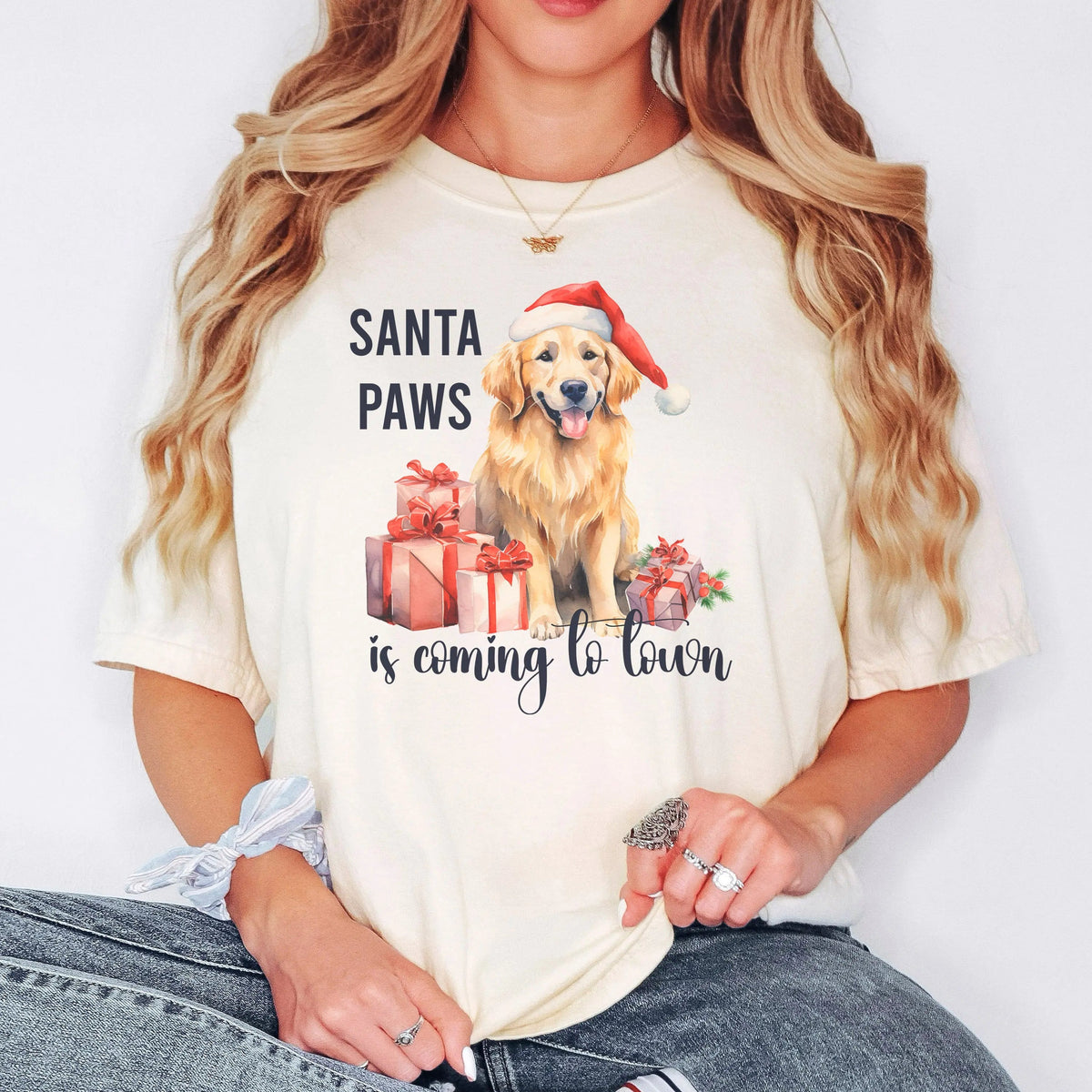 Ivory dog-mom Christmas T-shirt with Santa paws golden retriever graphic