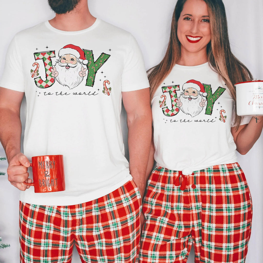 White crewneck Christmas t-shirt with Santa and candy cane graphic, 'to the world'