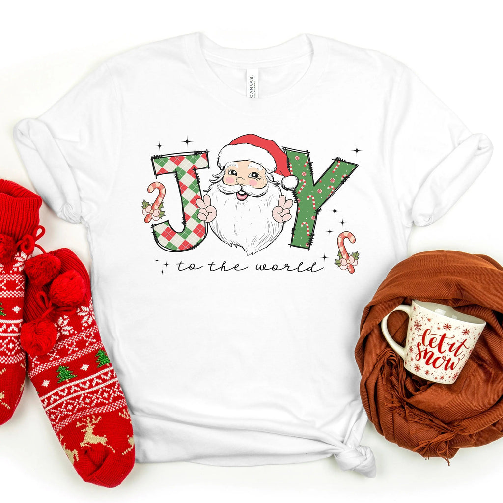 White crewneck Christmas t-shirt with Santa, candy canes, and 'to the world' print