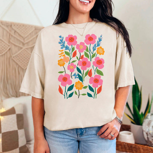 Ivory botanical floral print comfort t-shirt with colorful flowers on crew neck