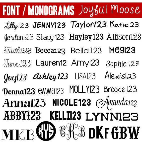 Font and monogram style chart for personalized pet ID tags